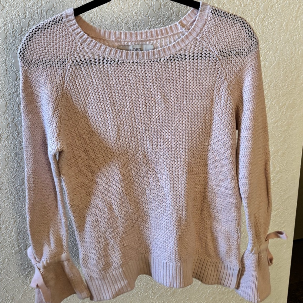 LOFT Light Pink Crew Neck Sweater with Bow Accents